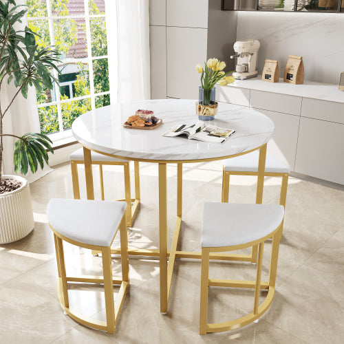 Moderne Metaalraamwerk Ronde Marmer Eetkamertafel En Stoelstel 5 Stukke Met 4 Halfsirkelvormige Stoeltjies, Geskik Vir Klein Woonstelle En Restaurante