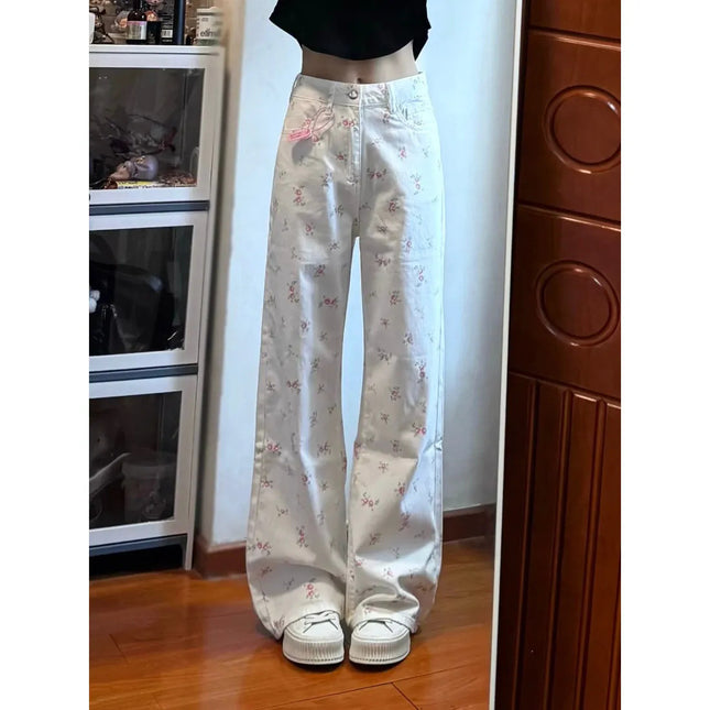 White Floral Slimming Loose Wide-leg Pants
