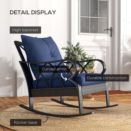 Outdoor Wicker Rocking Chair with Padded Cushions, Aluminum Furniture, Rattan Porch Rocker Chair w/ Armrest, Navy Blue