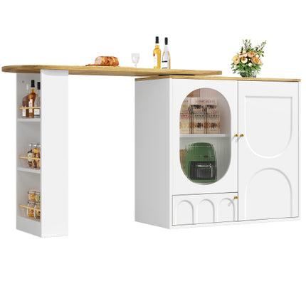 360° Draaiende Kroegtafel Liggaam 138 X 39 X 105 Cm, Koffiekroegmeubels, Draaiende Eettafel Met Bergspasie, Kookeiland, Twee Deure Met Rakke, Sytafel, Buffet, Wit