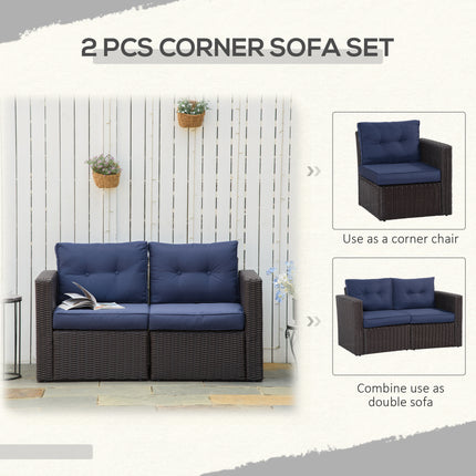 2 Stuk Patio Rattan Hoekbankstel, Buiten PE Rattan Meubels, met Geboë Armleunings en Gevulde Kussings vir Balkon, Tuin of Grasperk, Donkerblou