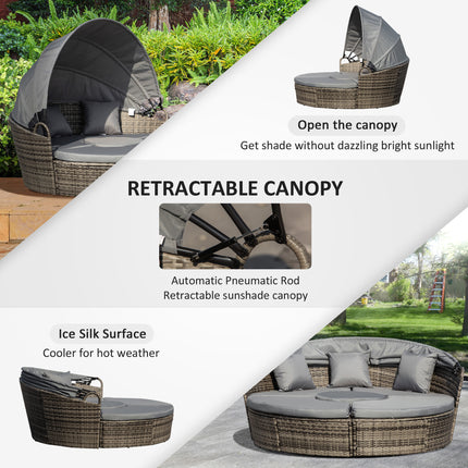 Outdoor PE Rattan Garden Furniture With Cushioned, Patio Wicker Conversation Furniture Set, Round Daybed With Retractable Canopy, Coffee Table And Three Pillows, Dark GreyGrey