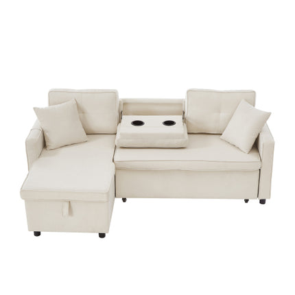 L-vormige Uittrekbare Slaapbank, Moderne Omkeerbare Slaapbank, 3-in-1 Omskakelbare Slaapbank met Bêre Chaise, Opvoubare Tafel, Bekerhouers en Laaipoorte