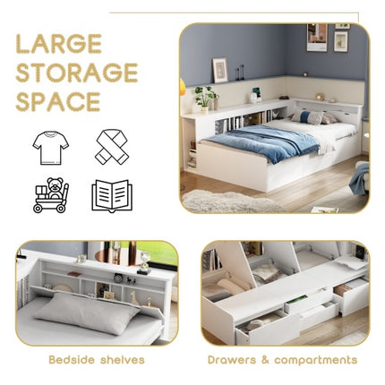 Kinderbed, Enkelbed-3ft90x190cm, Enkelbed, Multifunksionele Kinderbed Met Laaie, Boekrak En Opbergkas, Bedkas Met Bergplek, Sonder Matras, Wit