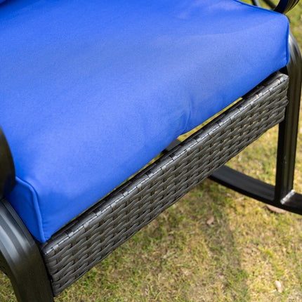 Buitelug Wicker-skuifstoel met Gevoerde Kussings, Aluminium Meubels Rotting Stoep Skuifstoel met Armleuning vir Tuin, Patio en Agterplaas, Blou