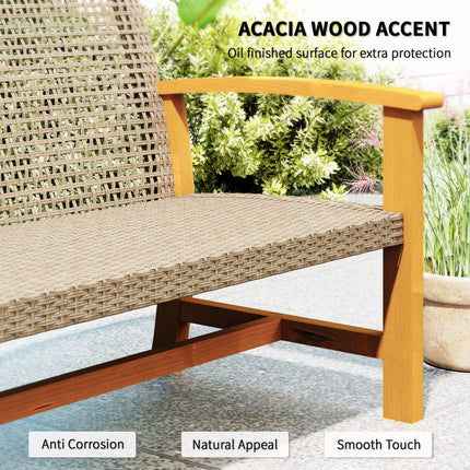 3-Sitplek Wicker Buitenbank Patiobank, Acaciahout Patiomeubels met Staalsitplek Armleunings, 1000 LBS Kapasiteit, Teakhout