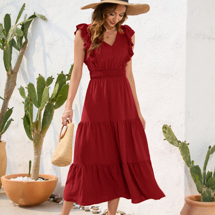 Long Casual Holiday V-neck High Waist Cake Dress