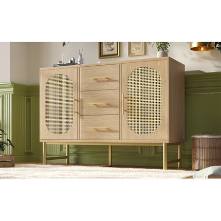 Rattan Sideboard Storage Cabinet With 2 Doors 3 Drawers, Storage Cabinet For Living Room, Bedroom, And Hallway, Metal Handles, Adjustable Shelves, Anti-Tip, 120 X 40 X 74 Cm, Oak