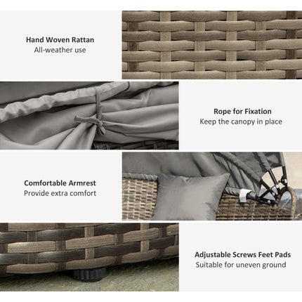 Outdoor PE Rattan Garden Furniture With Cushioned, Patio Wicker Conversation Furniture Set, Round Daybed With Retractable Canopy, Coffee Table And Three Pillows, Dark GreyGrey