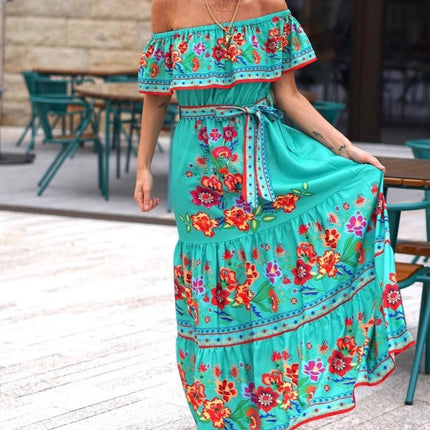 Women's Fashion Off-shoulder Red Flower Print Dress