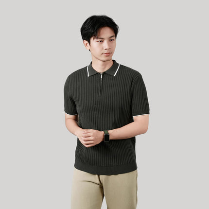 Men's Half-zip Ice Silk Knitted Lapel Vertical Striped Top