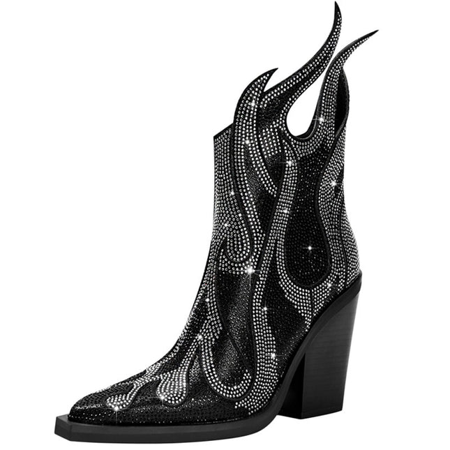 Nuwe Sexy Blokhak-Stiletto Rhinestone Vlam Martin Stewels