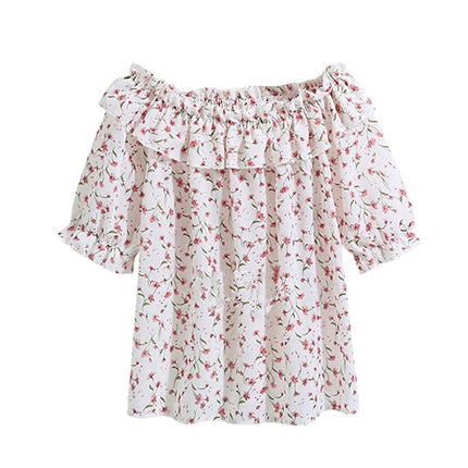 One-line Neck Floral Chiffon Shirt Top