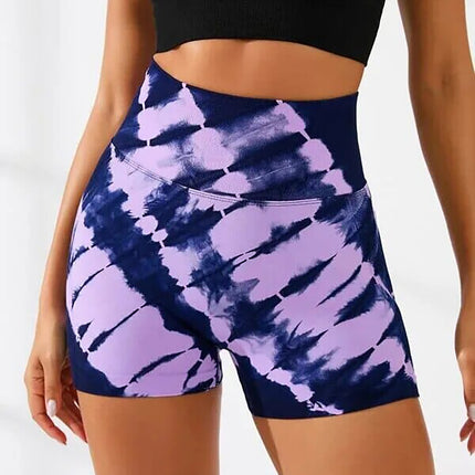 2 Pack Tie Dye High Waist Yoga Shorts, Athletic Tummy Control Workout Running Shorts, Stretchy Sportswear For Women