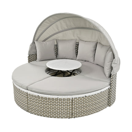 TOPMAX Patio Meubels Ronde Buitelug Seksionele Sofa Stel Rattan Dagbed Tweekleurige Weef Sonbed Met Intrekbare Afdak, Aparte Sitplekke En Verwyderbare Kussing, Grys