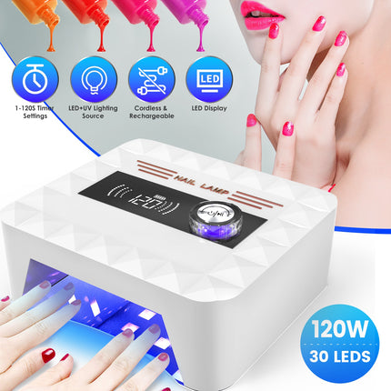 1 Stuk 120W Koordlose UV Naellamp Herlaaibare Gel Genesende Lamp Gel Politoer Lig Naeldroër Met LED-skerm 1S Tot 120S Tydinstelling 30 LED-krale Vir Salon En Huis