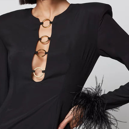 Feather Patchwork Round Neck Waist-tight Split Dress Women