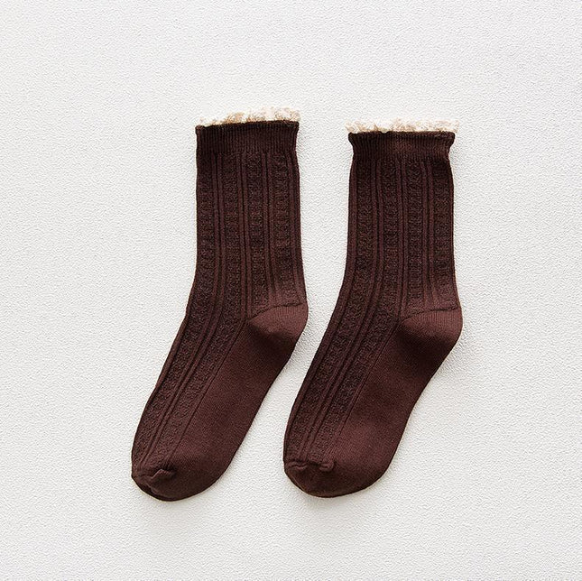 Sweat-absorbent Breathable Preppy Style Lace Mid-calf Socks