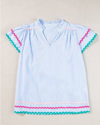 Sky Blue Stripe Ricrac Trim Split Neck Striped Ruffled Sleeve Blouse