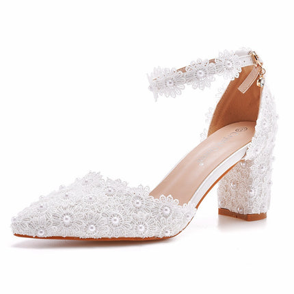 Chunky Heel Pointed Sandals White Wedding Shoes