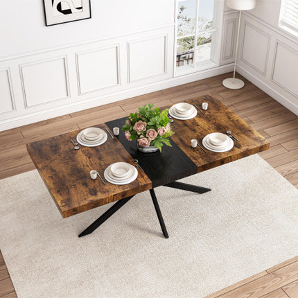 Retro Reghoekige Rek Eettafel, Antieke Houtblad En Swart Reliëfplaat, Swart Fyn Sand Kruisysterbasis Eettafel, Met Bergingsboks