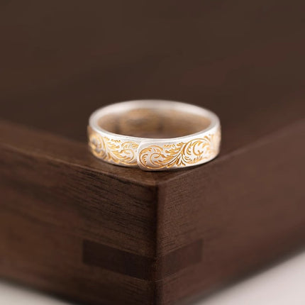 9999 Suiwer Silwer Soliede Oop Ring Met Tanggraspatroon & Goue Afwerking, Veilig & Vreugdevolle Hart Soetra Gegraveer, Retro Chinese Styl Suiwer Silwer Band