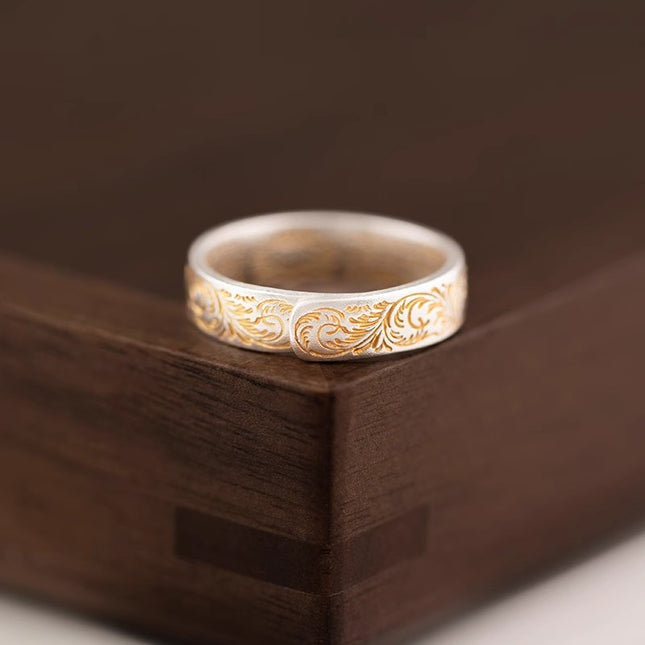 9999 Suiwer Silwer Soliede Oop Ring Met Tanggraspatroon & Goue Afwerking, Veilig & Vreugdevolle Hart Soetra Gegraveer, Retro Chinese Styl Suiwer Silwer Band