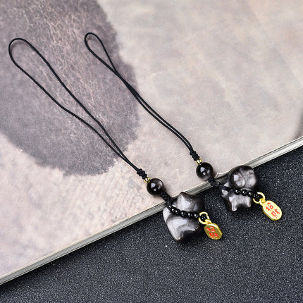 Cute Silver Obsidian Curly-Tail Cat Wangcai Puppy Keychain