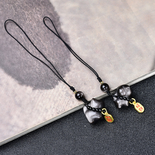 Oulike Silwer Obsidiaan Krulstert Kat Wangcai Hondjie Sleutelhanger