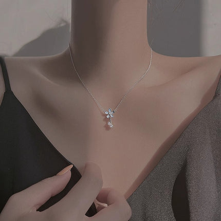 Blue Flower Necklace With Zircon Tassel Pendant For Women