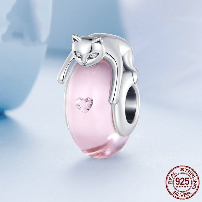925 Sterling Silver Glass Cat Beaded Bracelet