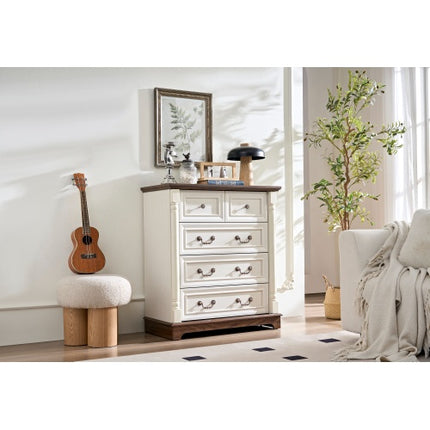 Farmhouse Style 5 Drawer Dresser Chest With Base Wooden Rustic Chest Of Drawers, Storage Dresser Organizer For Bedroom, Living Room, Beautiful Sturdy And Durable