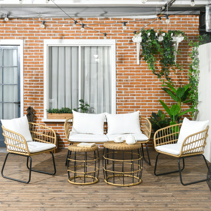 5 Piece PE Rattan Outdoor Furniture Set with Cushioned Chairs, Loveseat Sofa & Stackable Coffee Tables, Cream White