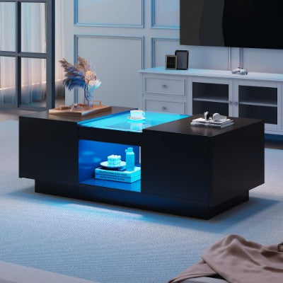 LED-koffietafel vir sitkamer, moderne koffietafel met stoorplek met LED-ligte, 2 vlakke en 2 laaie, groot sitkamer-middeltafels swart