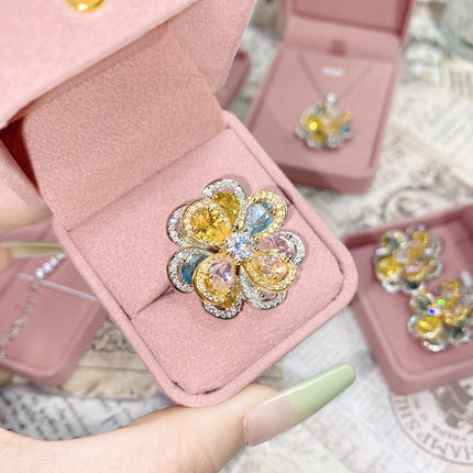 18K Plated Multi Faceted Translucent Colored Treasure Zircon Flower Earrings