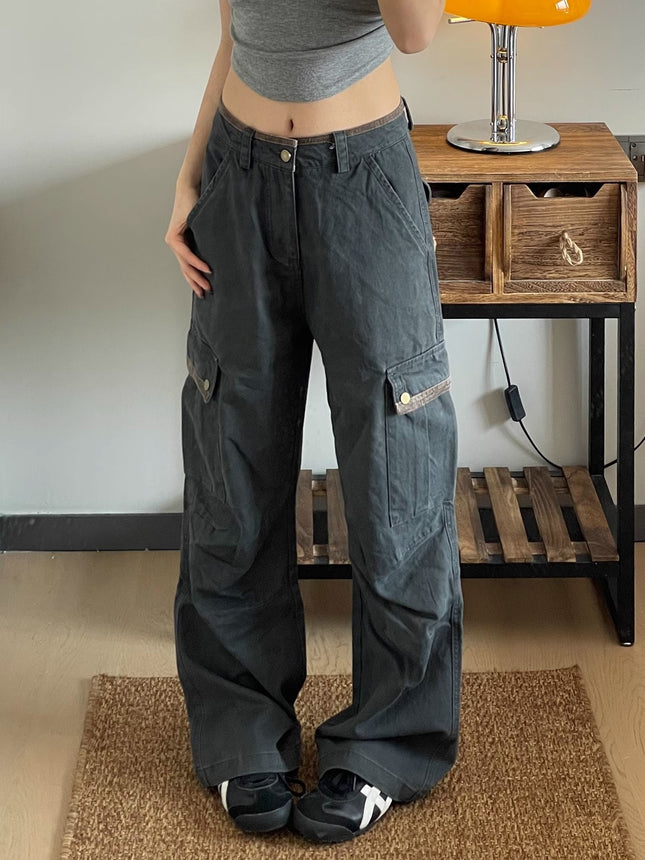 Retro Multi-pocket Workwear Jeans Women's Loose Wide-leg Casual Pants