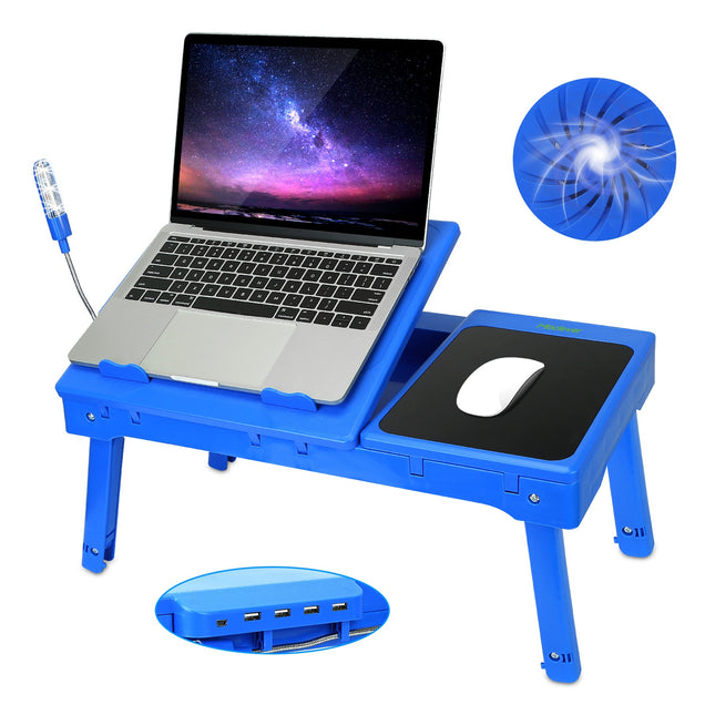 1 Stuk Opvoubare Skootrekenaar Tafel Bed Notaboek Lessenaar Met Verkoelingswaaier Muisbord LED Lig 4 USB Poorte Ontbyt Peuselbak Met Bergingsgleuf Vir Tuis-kantoor Gebruik