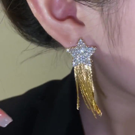 Rhinestone Pentagram Tassel Earrings