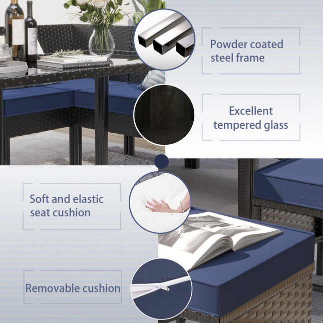 Small Space Patio Furniture 7-piece Outdoor Furniture Set, Backyard Furniture Set, Waterproof Seat Cushion, Glass Table, Space Saving, Suitable For Backyard, Terrace Or Garden,Dark Blue
