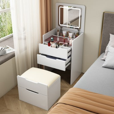 48CM 3-in-1 Kaptafel Met Opklapbare Spieël, Klein Grimeerkapselstel Met Sigbare Glasblad, Kompakte Grimeerkaptafel Met 3 Laaie, Kleedtafel Vir Slaapkamer, Prime Day, Aanbiedinge Vir Jou Dae