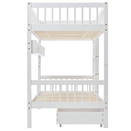 Stapelbed, Kinders, 3FT Soliede Denne Hout Enkelbedraam & Onderbed-laaistoor, Met Rak, Wit 90x190cm