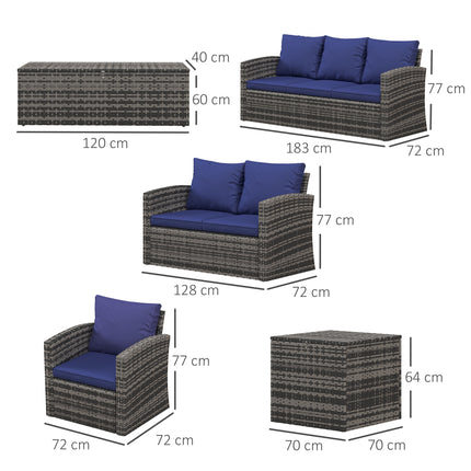 6 Stukke Rotting Tuinmeubelstel, 7-Sitplek Wasker Buitemeubelstel met Opbergingskoffietafel en Sytafel, Seksionele Tuinbankstel met Kussings, Vlootblou