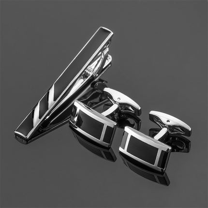 Black Enamel Silver Diagonal Stripes Tie Clip Cuff Buckle Set