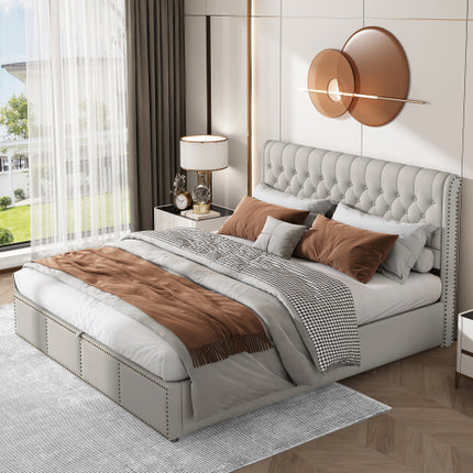 Gestoffeerde Bed, Dubbelbed-4vt6 135x190cm, met Hidrouliese Heffingsmeganisme, Funksionele Bergingsbed, Klinknaelversiering, Sonder Matras, Linne, Liggrys