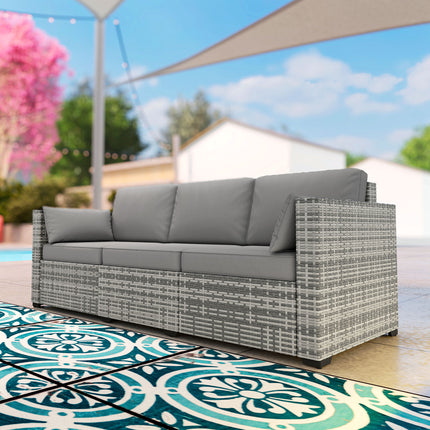 Patiobank PE Wicker Diep Sitplek Buitelugbank met Verwyderbare Kussings, 3-Sitplek Rottingbank, Buitelugmeubels vir Balkon, Dek, Tuin en Swembad, Grys