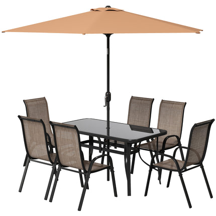 8 Stukke Patio Meubelstel met 9vt Patio Sambreel, Buite Eettafel en Stoele, Lig Gemengde Bruin