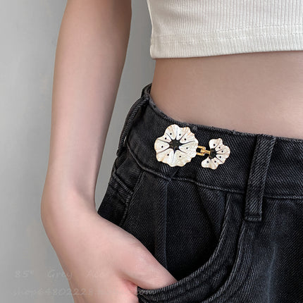 Vintage Glazed Flower Waistband Buckle Jeans With Elastic Waistband