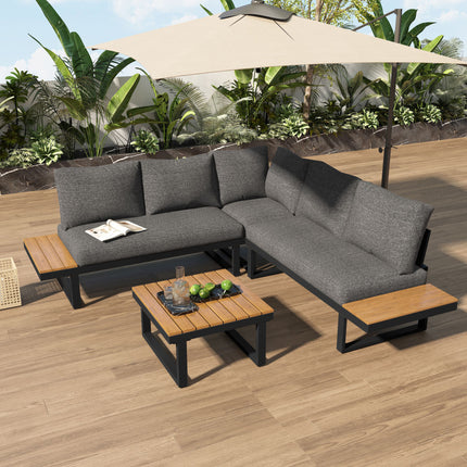 4-5 Sitplek Tuin Sitkamerstel, Gegalvaniseerde Ysterraam Buitenstoepmeubels, 4-stuk Stel, Kantelbare en Verstelbare Sitplek, WPC Tafelbladtafel Ingesluit, Grys Stof Swart Raam