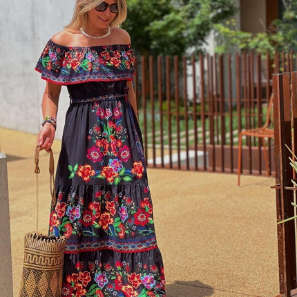 Women's Fashion Off-shoulder Red Flower Print Dress