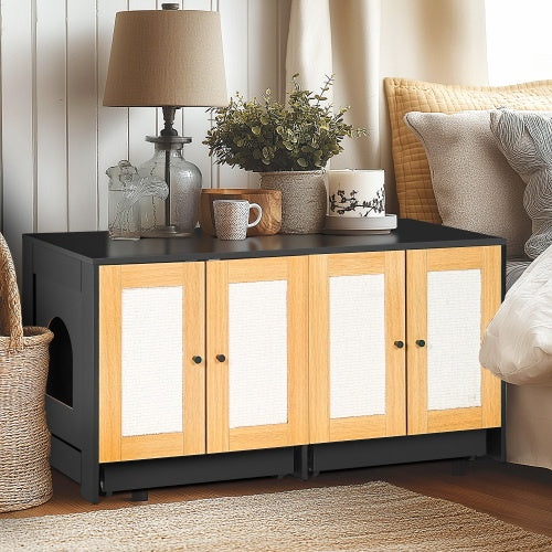 Dubbele Katbak-omhulsel, Katbak-omhulsel Vir 2 Katte, Weggesteekte Katbakmeubels Met Rottingdeure, 47 L X 19.8 W X 21.8 H, Swart